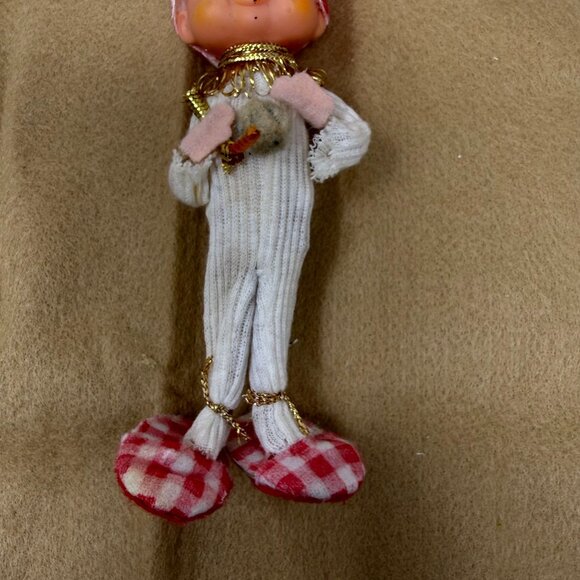 Vintage Christmas Elf Pixie Boy Ornament Red Gingham Stocking Cap Hat Pajamas - Picture 5 of 6